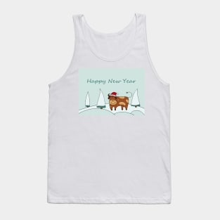 Happy New Year greeting card. Print Gift. Funny Christmas Exclusive present. Zodiac bull christmas. Symbol of the new year 2021. Tank Top